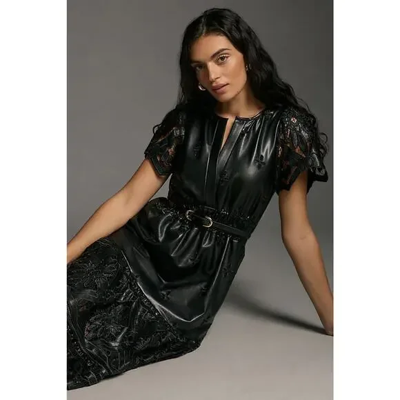 NWT Anthropologie The Somerset Maxi Dress: Faux Leather Embroidered BLACK XS